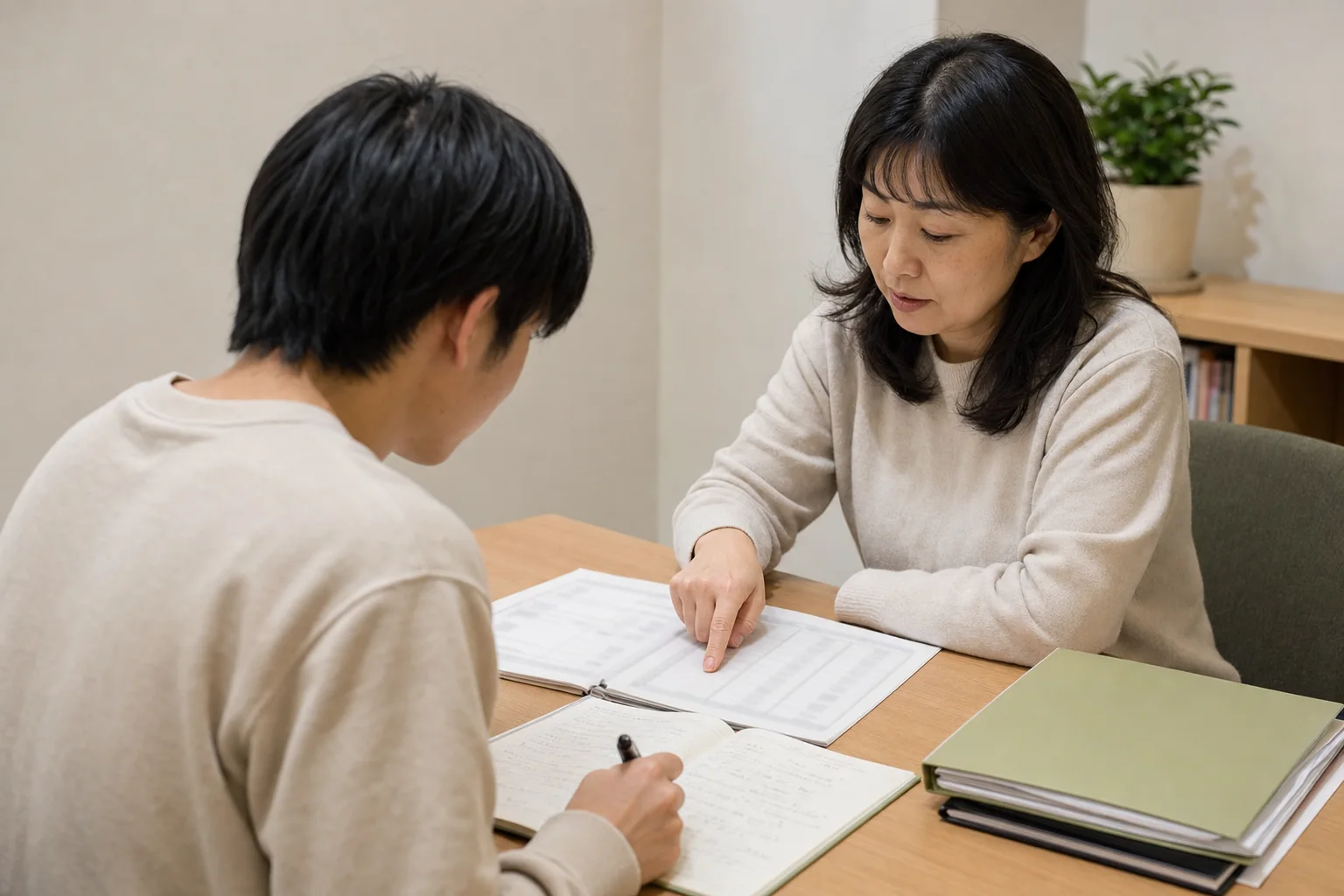 相談席で資料を確認する架空の学生とスタッフ