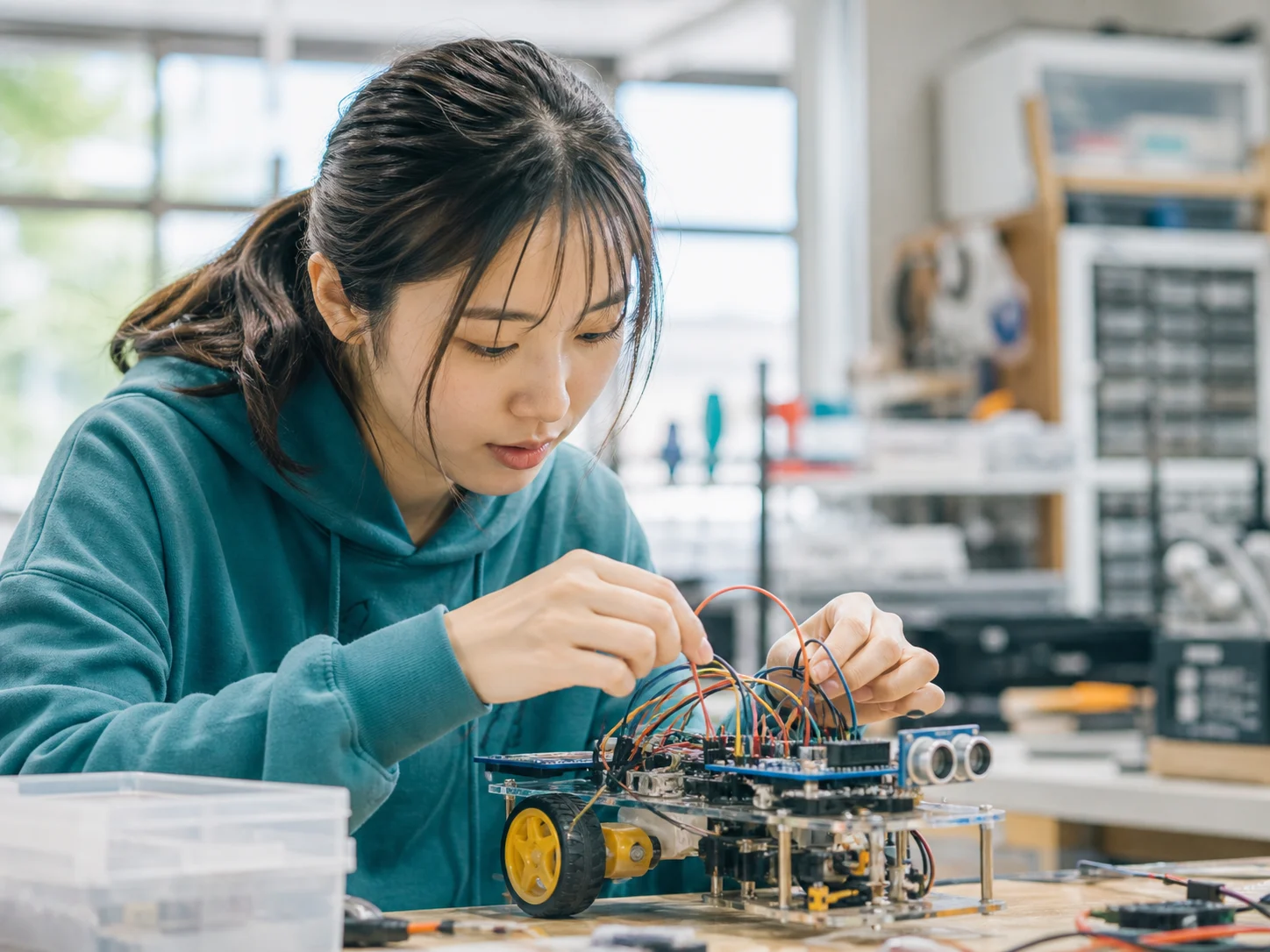 試作機の配線を調整する架空の学生