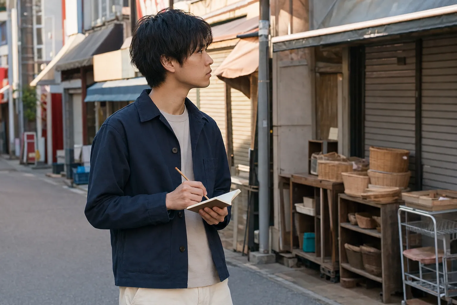 街角で言葉を記録する架空の学生